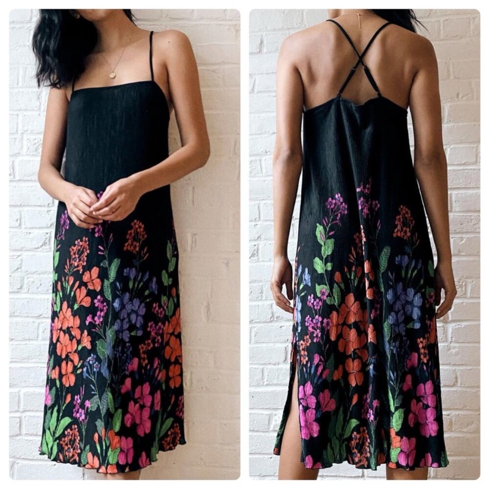 Anthropologie Black Midi Dress with Multicolor Floral Hem